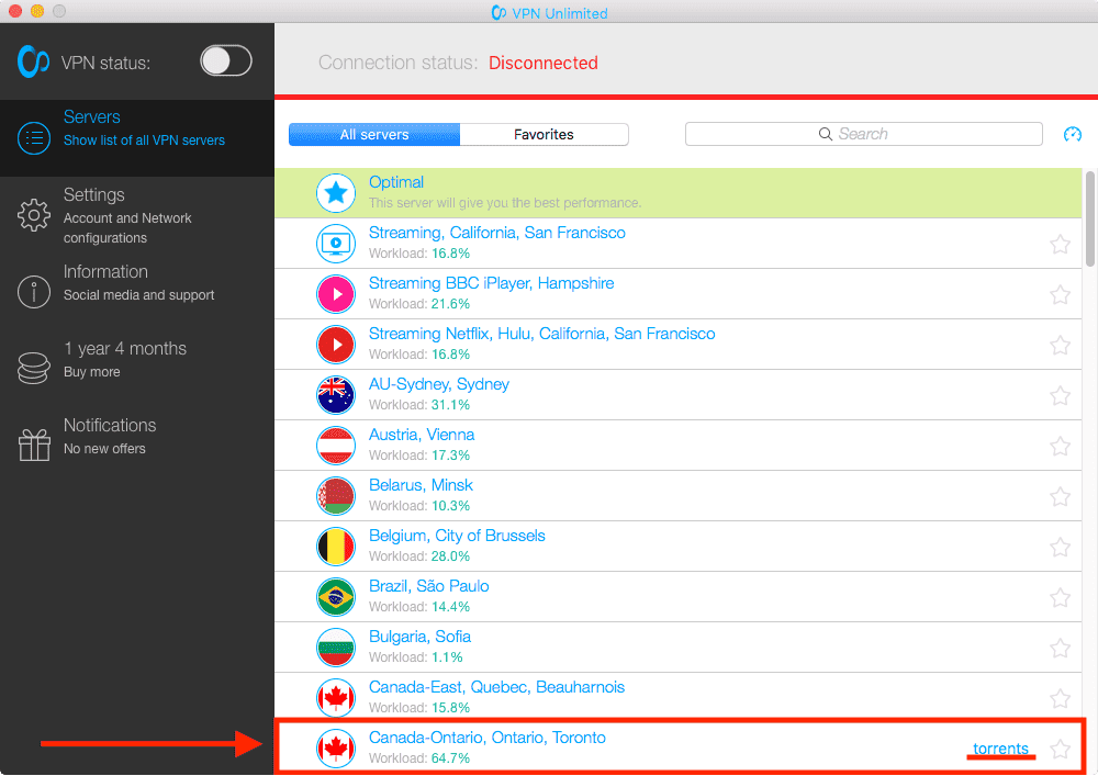 This screensoot is showing how to choose best server location for torrenting in KeepSolid VPN Unlimited app.