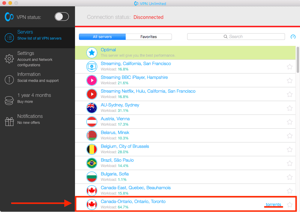 This screensoot is showing how to choose best server location for torrenting in KeepSolid VPN Unlimited app.