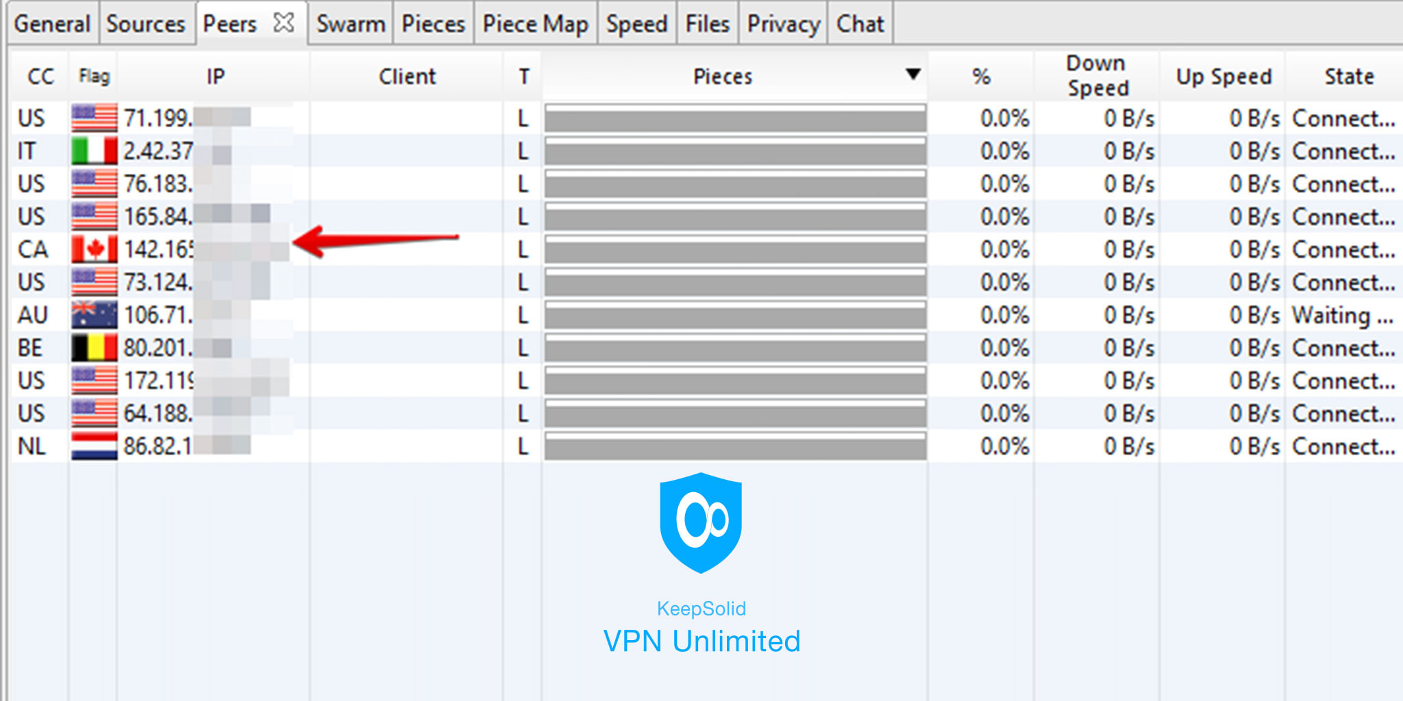 Peers list with exposed IP addresses in Vuze Bittorent client