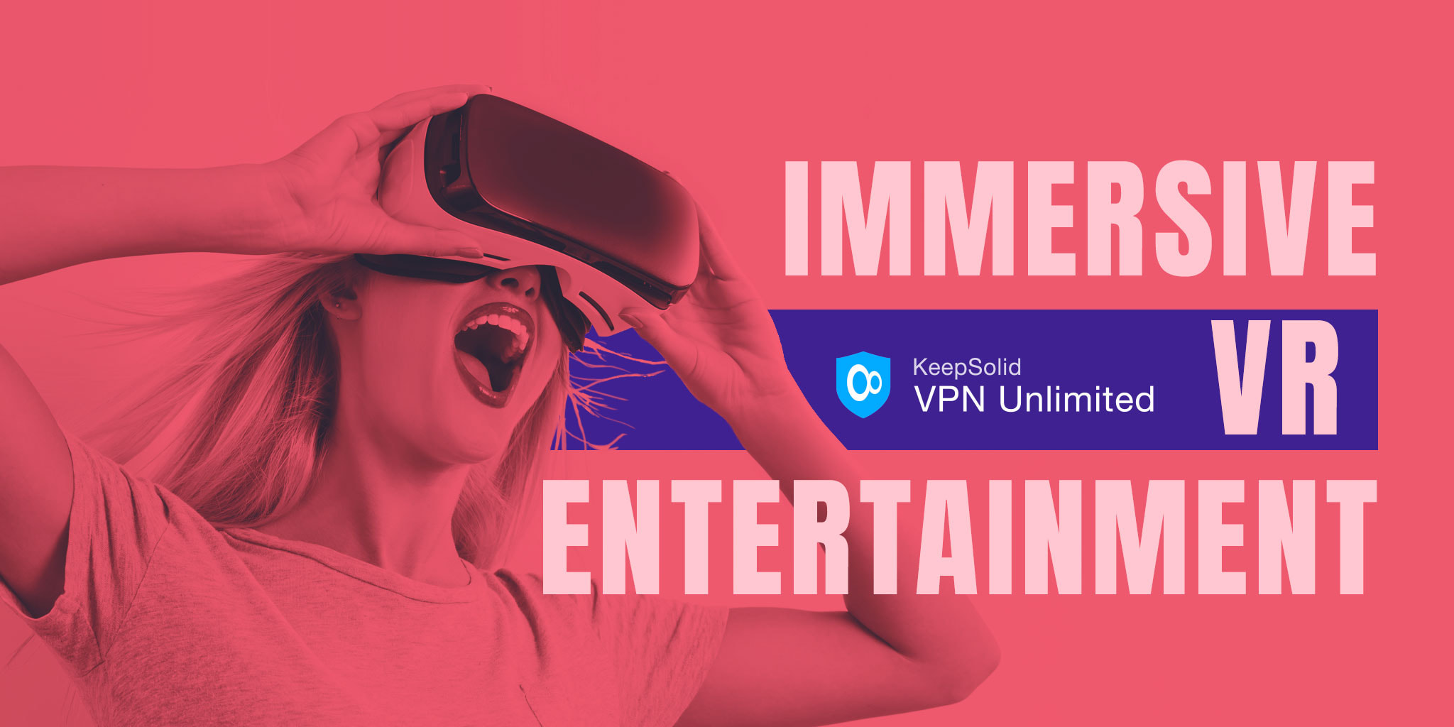 Happy young woman using a virtual reality headset to watch porn safely thanks to KeepSolid VPN Unlimited