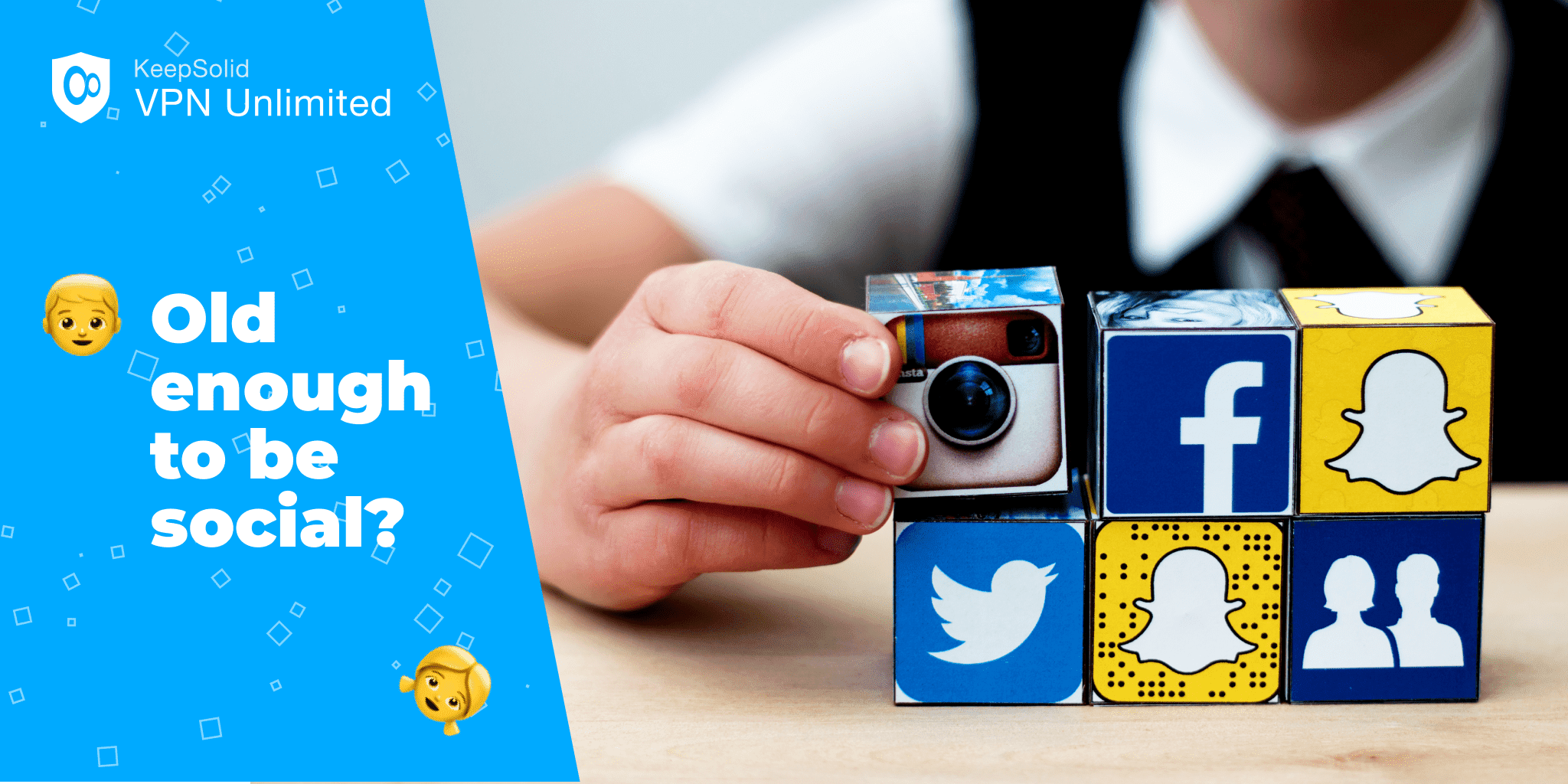 Teenager boy folds cubes with the logo of popular social networks. Instagram, Facebook, Twitter, Snapchat, Like icons