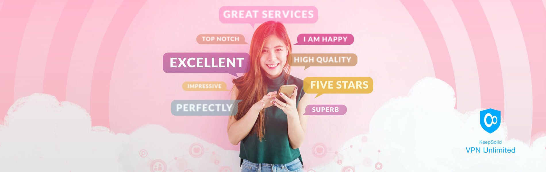 Happy young woman using smartphone to feedback her satisfaction of KeepSolid VPN Unlimited on Trustpilot
