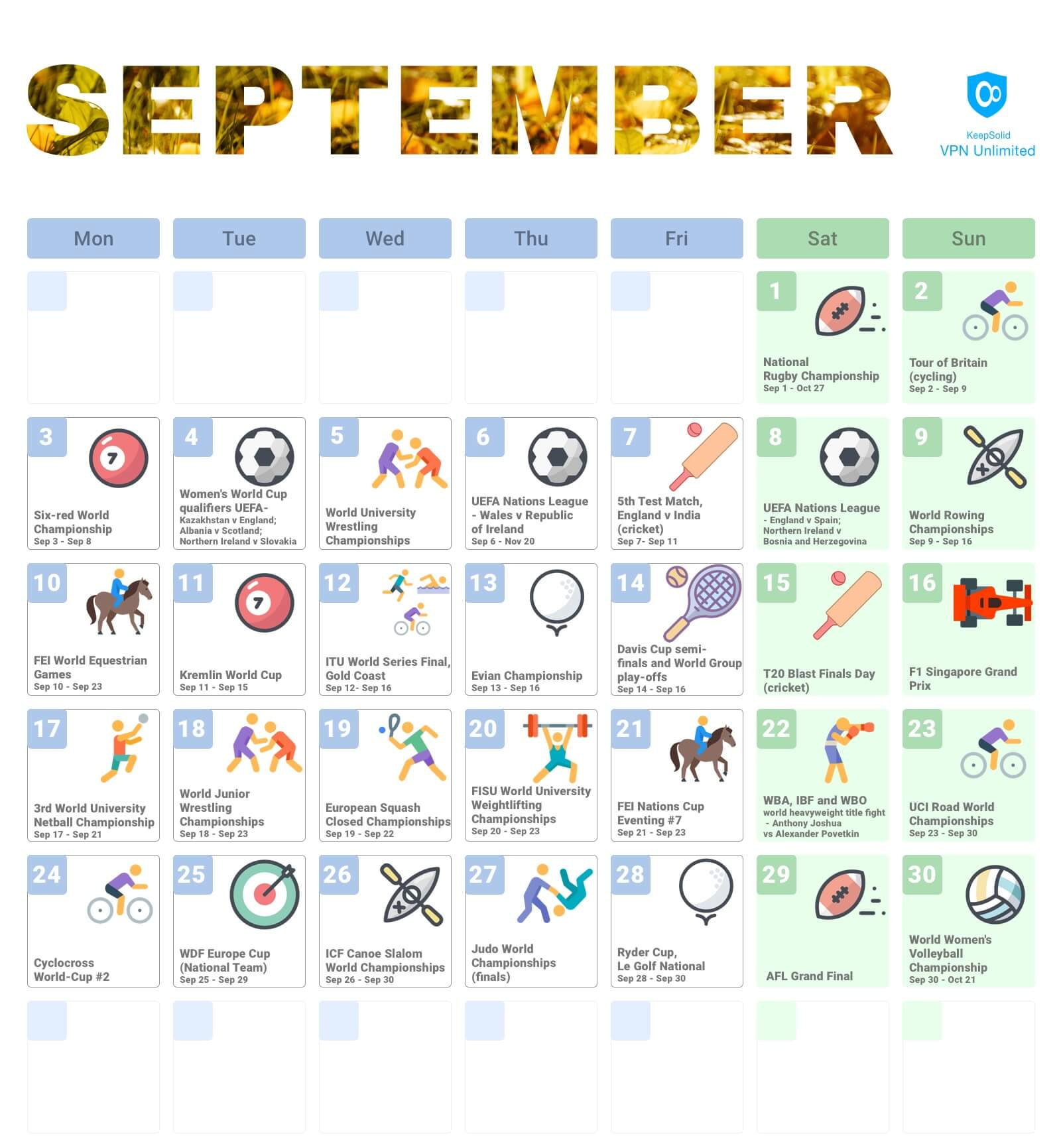 Sporting Events Calendar 2018, September
