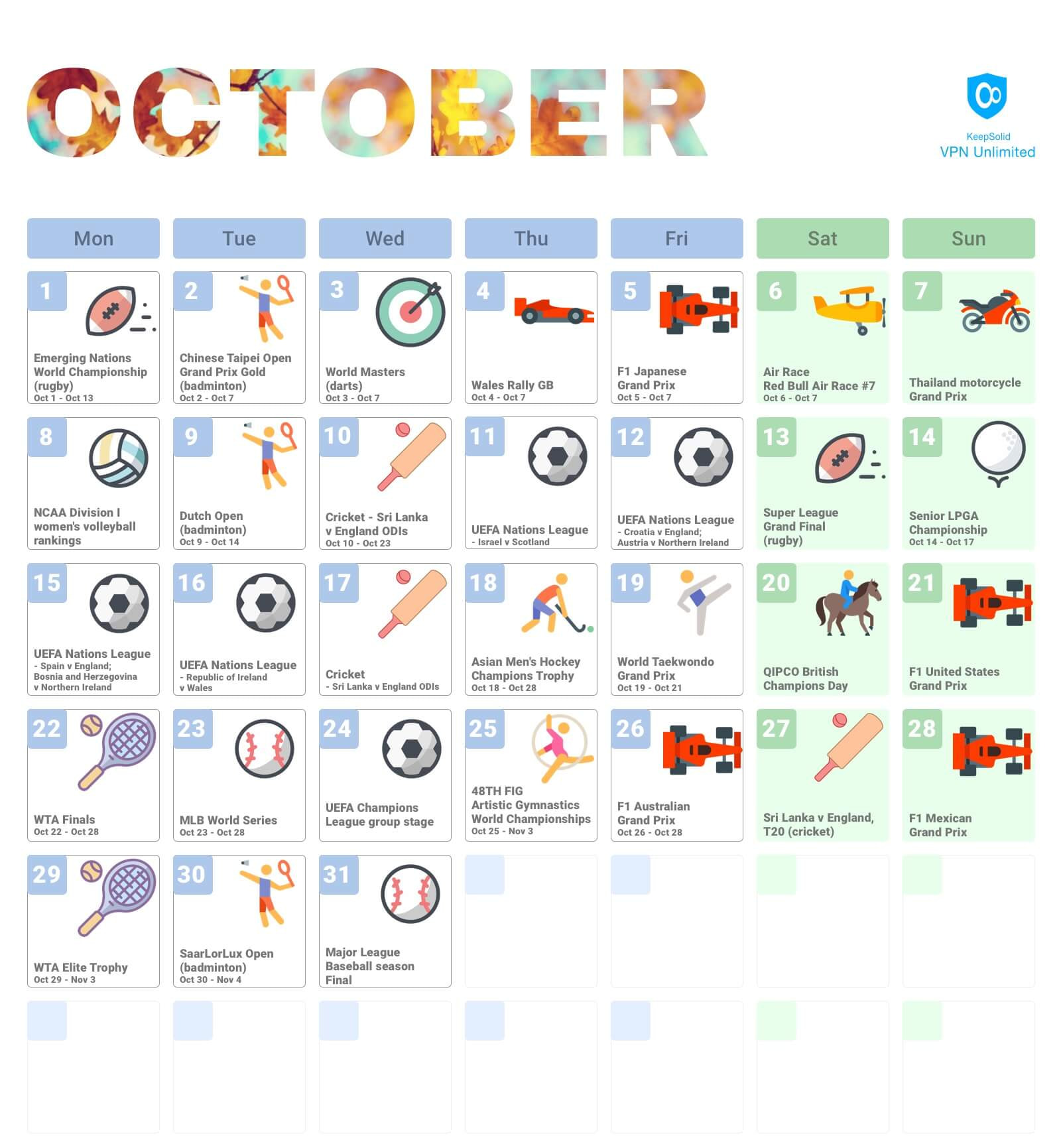 Sporting Events Calendar 2018, October