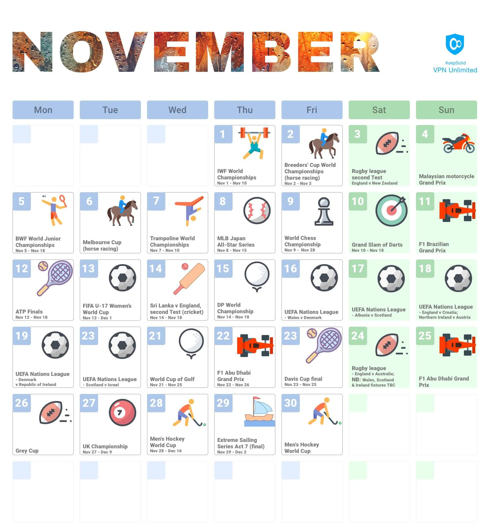 Sporting Events Calendar 2018, November