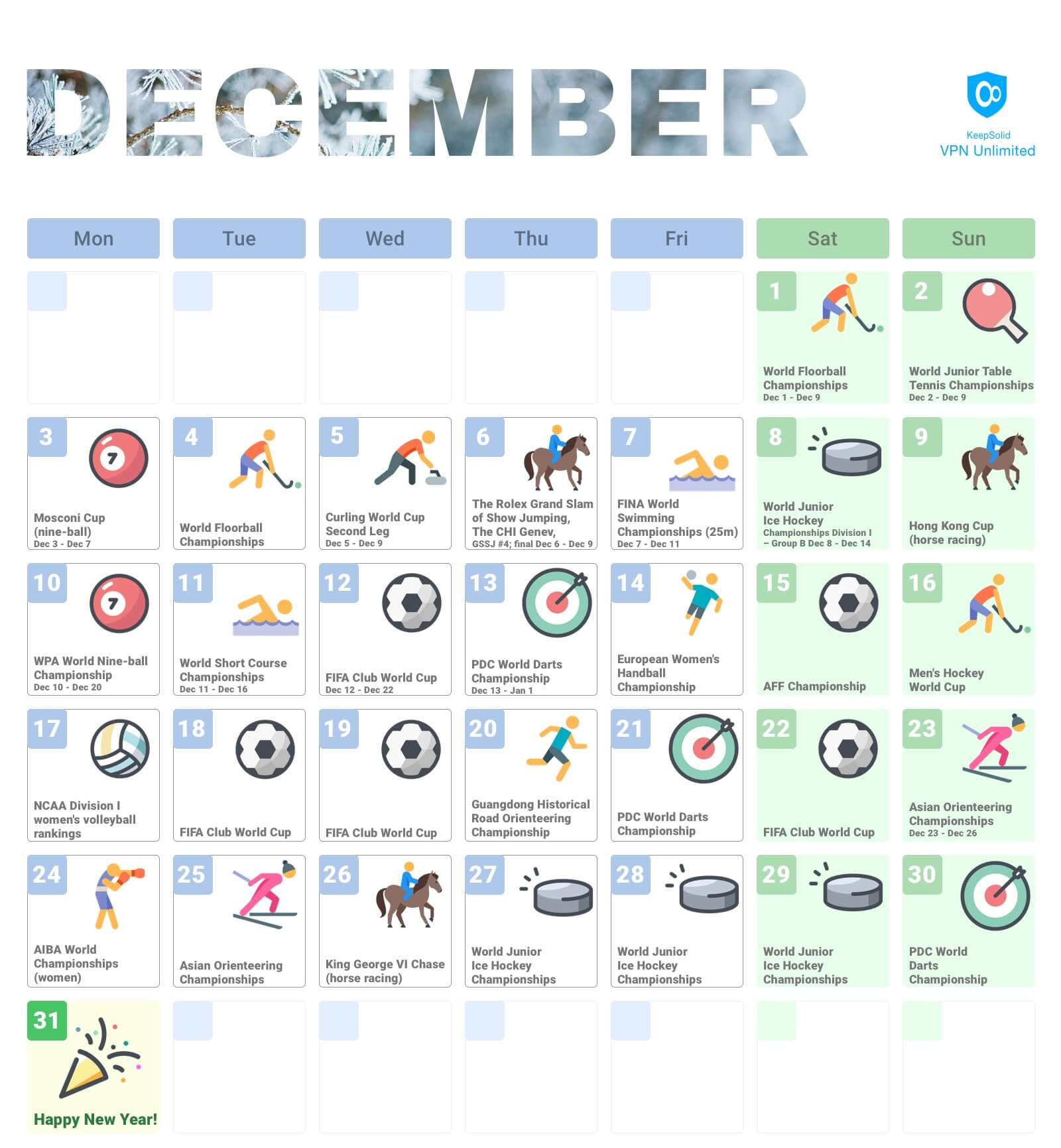 Sporting Events Calendar 2018, December