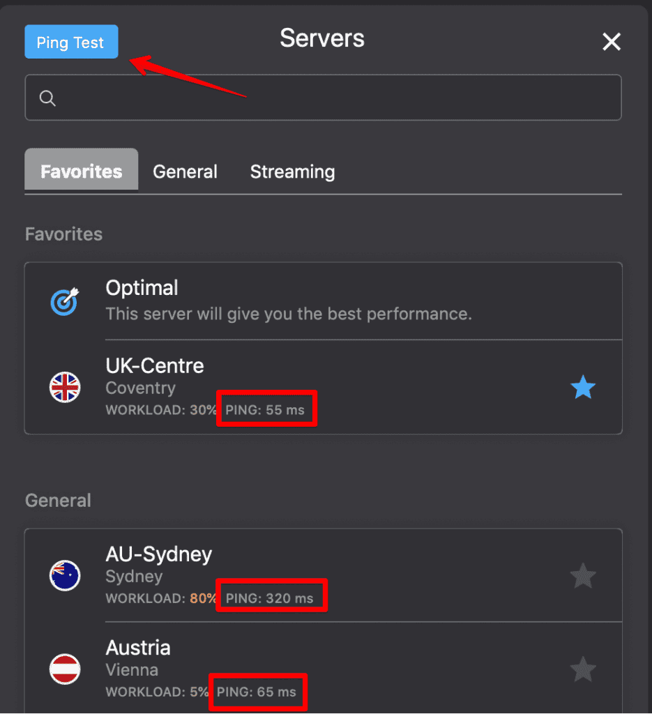 Switch to a different VPN server with smaller ping