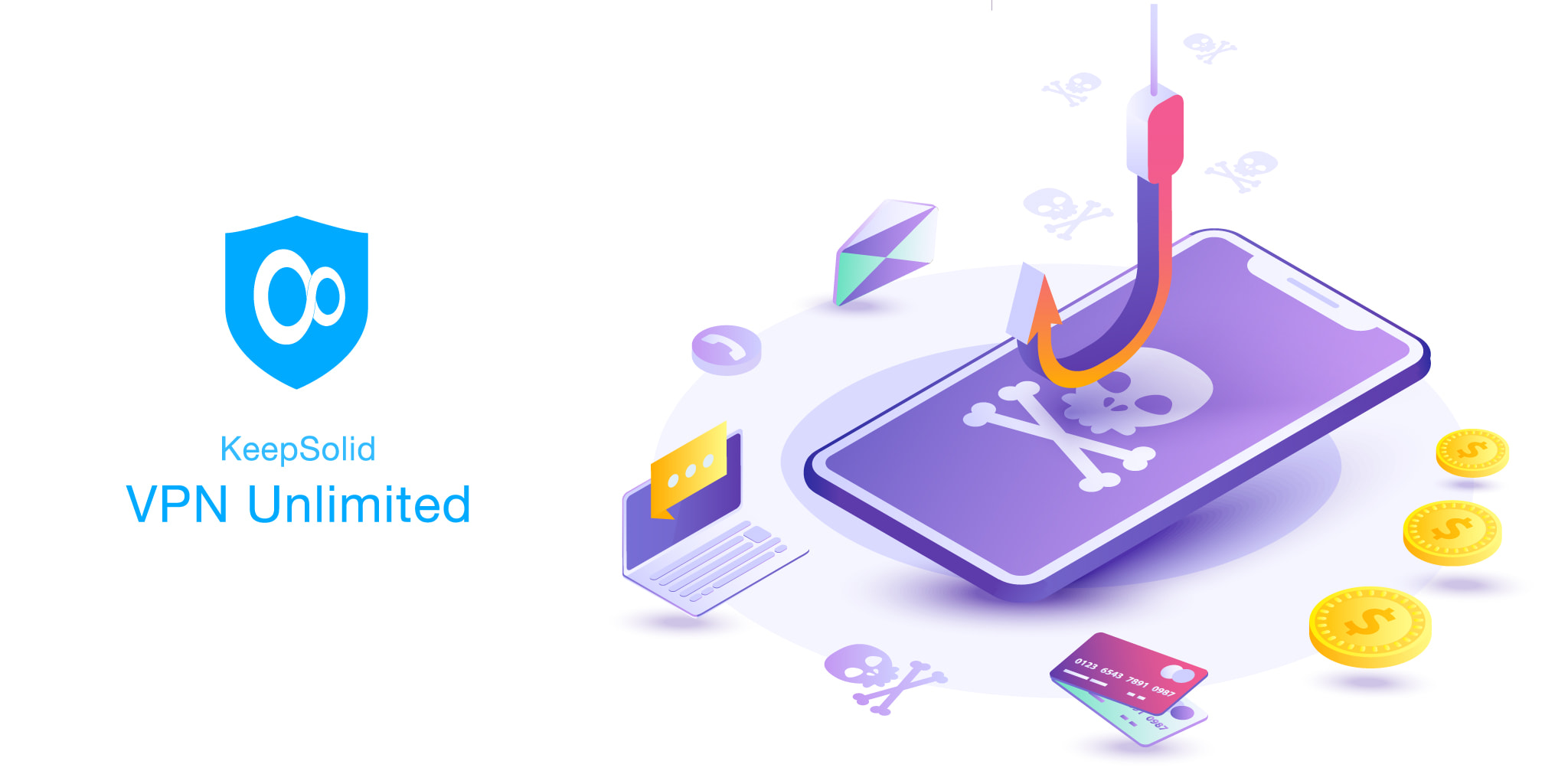 Phishing via internet isometric vector concept illustration. Email spoofing or fishing messages. Hacking credit card or personal information website. Cyber banking account attack. Online sucurity through VPN Unlimited