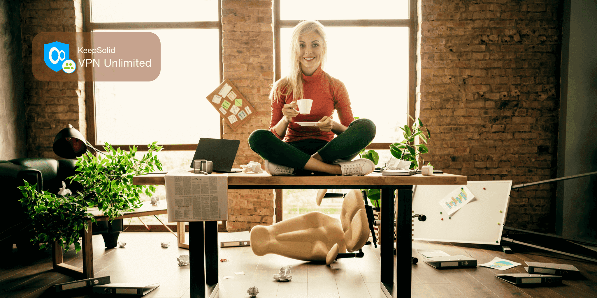 Careless employee drinking coffee despite her workplace is ruined